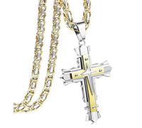 CASSIECA Men's Stainless Steel Byzantine Cross Pendant Chain for Boys Chain Men Jesus Chain with Royal Chain Black Gold 22/24/28", 71 cm, Stainless Steel