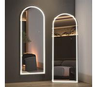 CASSILANDO 160 x 50 cm ArchedFull Length Mirror with LED Lights, Free Standing Floor Wall Mounted Mirror, Color Dimmable & Brightness Adjustment for Bedroom, LED, White with Stand