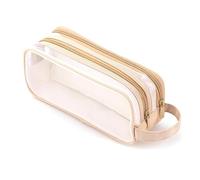 casstaly 1 PCS Grid Mesh Pencil Case 2 Compartment Pen Bags Clear Handheld Multifunction Pencil Pouch for Teen Students Light Brown