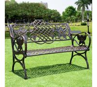 Cast Aluminum Outdoor Bench with Carved Backrest and Rounded Armrests, Durable Patio Garden Seating for Relaxation and Enjoyment
