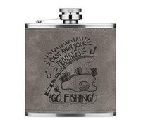 Cast Away Your Troubles Go Fishing 6oz PU Leather Hip Flask Grey Luxe