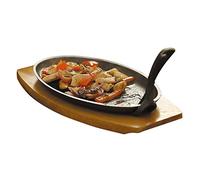 Cast Iron BBQ Steak Sizzler Sizzling Platter Plates Wooden Trivet Serving Dish N