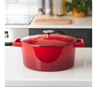 Cooks Professional Cast Iron Casserole Dish 26cm Oven Proof Enamelled Pan with Lid Red