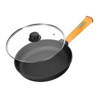 Cast Iron Casserole With Glass Lid 20cm, Wooden Handle Screw-Off Cast Iron Pan for Gas Grill, Oven, Fireplace and All Heat Sources incl. Induction