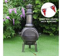 Cast Iron Chiminea Outdoor Garden Patio Heater Log Fire Pit Burner Wood Chimney Chimenea BBQ Spark Guard FREE Poker Barbeque Toasting Rack & 10m Union Jack Bunting 25 Double Sided Flags