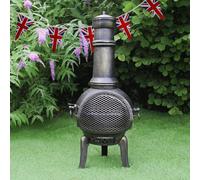 Cast Iron Chiminea Outdoor Garden Patio Heater Log Fire Pit Burner Wood Chimney Chimenea BBQ Spark Guard FREE Poker Barbeque Toasting Rack & 10m Union Jack Bunting 25 Double Sided Flags Black