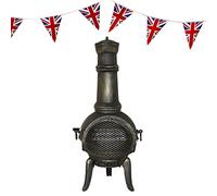 Cast Iron Chiminea Outdoor Garden Patio Heater Log Fire Pit Burner Wood Chimney Chimenea BBQ Spark Guard FREE Poker Barbeque Toasting Rack & 10m Union Jack Bunting 25 Double Sided Flags
