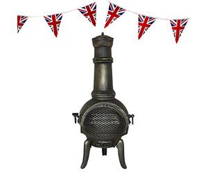 Cast Iron Chiminea Outdoor Garden Patio Heater Log Fire Pit Burner Wood Chimney Chimenea BBQ Spark Guard FREE Poker Barbeque Toasting Rack & 10m Union Jack Bunting 25 Double Sided Flags