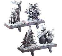 Cast Iron Christmas Stocking Holders for Mantel,Set of 4 Stocking Holder Set for Fireplace-Double Snowflake Snowman Reindeer Christmas Tree Stocking Hangers-Metal Fireplace Hooks (Set of 4 Black)
