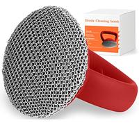 Cast Iron Cleaner Scrubber with Heavy Duty Handle, 3mm Welded Chain Mail Scrubber for Pan Pot Grill- Small Ring Chainmail Grill Scrubber Metal Scrub Sponge Skillet, Oven, Griddle, Wok Cleaning Brush