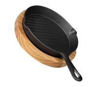 Cast Iron Fry Pan with Wooden Base, Ribbed Skillet for BBQ Grilling | Built-in Handle, Even Heat Distribution, Grill-Mark Searing, Suitable for Steak, Eggs and Outdoor Cooking