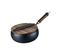 Cast Iron Frying Pan,28cm Chinese Handmade Saucepan,Non Stick Pan with Anti-Scalding Handle,Japanese Pans with Wooden Handle & Lid,Hand-Forged Woks with Lid,No Coating for Stoves & Induction Hobs