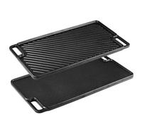 Cast Iron Griddle Pan, Reversible Grill & Flat Plate for Gas Hob, Induction & BBQ, Pre-Seasoned Non-Stick Double Burner Griddle with Handles, Oven Safe & Camping (Right-angled with concealed handle)