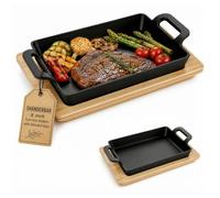 Cast Iron Griddle Pan, with Wooden Tray Oven Safe,Ceramic,Gas Hob,Induction | Griddle Grill Pan with Handles, 24 x17 x 3.5 cm, Oven-Proof Non-Stick Aluminium Frying, Grill Meat Fish & Veg, BBQ Grill