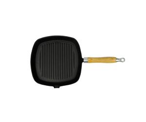 Cast Iron Grill Pan Bbq Skillet Wooden Handle Ribbed Griddle Base Kitchen