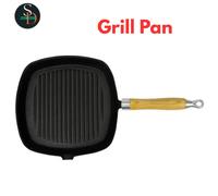 Cast Iron Grill Pan BBQ Skillet Wooden Handle Ribbed Griddle Base Kitchen vidaXL