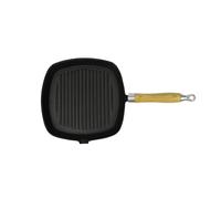 Cast Iron Grill Pan Bbq Skillet Wooden Handle Ribbed Griddle Base Kitchen
