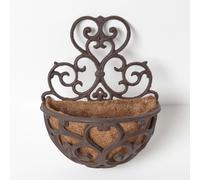 HOMESCAPES Cast Iron Wall Mounted Hanging Basket with Fibre Lining Half Round Decorative Hayrack Flower Pot Holder for Garden Walls and Fences