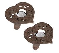Cast Iron Heart Tea Light Candle Holders Set of 2 with Ornate Scrolled Design, Antique Brown Finish, Recycled Material, Ideal for Tealights and Plate Warming