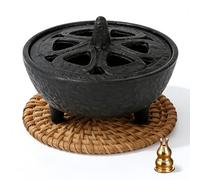Cast Iron Incense Holder, Wax Melt Burners for Incense Resins, Cones or Sticks and Wax Melts Log, Sandalwood Burner Accessories, Zen Spirit Bamboo Woven Insulation Mat