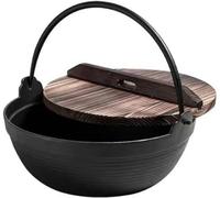 Cast Iron Japanese Style Sukiyaki Pot Hot Pot Sukiyaki Pan with Wooden Lid and Single Handle Cooking Cookware, Black