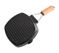 Cast Iron Non-Stick Grill Pan with Folding Wooden Handle for Gas, Electric and Induction Hob Cooking, Even Heat Distribution for Steak, Fish and Vegetables, 20cm / 7.87 Inch