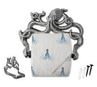 Cast Iron Octopus Toilet Paper Roll Holder - Nautical Bathroom Decor - Easy Installation - Silver & Black