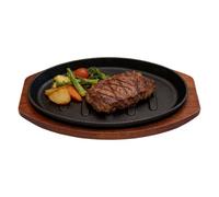 Cast Iron Oval Serving Dish Steak Pan with Wooden Base 25 cm