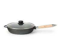 Cast Iron Pan Diameter 24 cm Deep with Glass Lid Removable Wooden Handle Induction