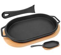 Cast Iron Pizza Pan & Wooden Base for Pizza Oven Stovetop BBQ Outdoor Use | 12" oval Sizzling Plate with removable handle for camping, heat resistant, even heating, multi-use, food safe non-stick