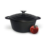 Cast Iron Pot with Lid Non-Stick Enamelled Casserole Dish - Oven Safe Heavy Duty Dutch Oven - 24cm Round - Black 3.7L