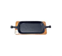 Cast Iron Rectangular Sizzler Plate with Acacia Wood Base 10"x5" / 6" Heavy Duty Grill Platter with Handle for Steak, Fajitas, Tandoori, Veg & Mixed Grill Restaurant Server (10" x 5" Small)