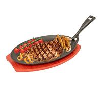 Cast Iron Sizzler Plate Oval Serving Pan, Pre-Seasoned Fajita Platter with Wooden Trivet for Serving Hot Sizzling Dishes (27cm x 17.5cm)