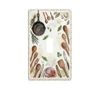 Cast Iron Skillet Kitchen Single Light Switch Cover Plate, Rustic Farmhouse Wooden Spoon Garlic Fall Earthy Green Plastic Standard Size Wall Switch Plates for Living Room Home Office Decor (Single)