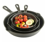 Vonshef 3 Piece Set Of Cast Iron Pans And Skillets For Grilling, Frying, Searing & More, Suitable For All Hobs