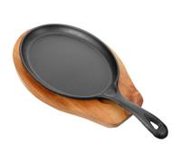 Cast Iron Skillet with Wooden Board, Flat Bottom Steak Pan | Wood and Cast Iron Build, Portable Double Handle Design, Even Heat Distribution, Easy Serving for Home