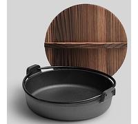 Cast Iron Sukiyaki Tetsu Nabe Pot, 7 Sizes Japanese Style Shabu Shabu Hot Pot Sukiyaki Pan with Wooden Lid and Double Handle for Home, Camping, Picnic (Black), 30cm