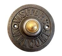 Cast Iron Traditional Round Doorbell Push Button | Visitors Welcome |8.5cm Diameter | Brass Push Button with cast Iron Surround | Vintage Style Door Bell Push