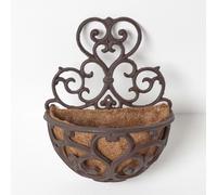HOMESCAPES Cast Iron Wall Mounted Hanging Basket with Fibre Lining Half Round Decorative Hayrack Flower Pot Holder for Garden Walls and Fences