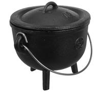 Cast Iron Witches Cauldron with Lid and Handle, Halloween Season | Black Kettle Design with Pentacle Motifs, Incense Burning Centerpiece, Indoor Halloween Decor for Tarot Table