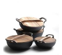 Cast Iron Wok Dual Handle Flat Bottom Non-stick Cooking Pot with Wooden Lid 20cm for Stir Fry Deep Fry Braise Steam(B)