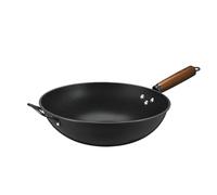 Cast Iron Wok Uncoated Frying Pan with Wood Handle - Ideal for Authentic Chinese Cooking, Durable Kitchen Essential