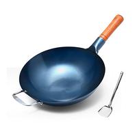 Cast Iron Woks and Stir Fry Pans, Chinese Hand Hammered Iron Woks Round Bottom Non-Stick Pot, Steel Helper Handle & No Coating,34Cm-34cm