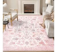 Castage 5x7 Area Rugs Washable,Pink Rug for Bedroom Living Room Kitchen,Large Boho Vintage Bohemian Distressed Farmhouse Carpet Non Slip,Grey Blush Floral