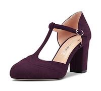 Castamere Women Chunky Block High Heel Round Toe Pumps Court Shoe T-Strap Buckle Wedding Office 8.5 CM Heels Purple A 7 UK