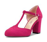 Castamere Women Chunky Block High Heel Round Toe Pumps Court Shoe T-Strap Buckle Wedding Office 8.5 CM Heels Magenta Peach Red A 3.5 UK