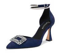 Castamere Women High Chunky Block Heel Diamond Crystal Ankle Strap Pointed Toe Pumps Court Shoe Cute 8.5 CM Heels Navy Blue Suede 6 UK