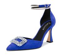 Castamere Women High Chunky Block Heel Diamond Crystal Ankle Strap Pointed Toe Pumps Court Shoe Cute 8.5 CM Heels Royal Blue Suede 10 UK