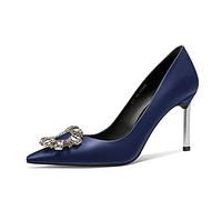 Castamere Women Stiletto High Heel Pointed Toe Pumps Court Shoe Slip-on Diamond Crystal Wedding Party 8.5 CM Heels Navy Blue Satin 10.5 UK