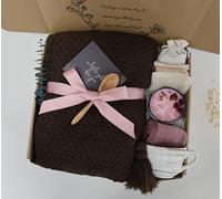 CASTATEO Cozy Gift Basket with Blanket, Decorations, Knitted Doll, and Care Items for Gifting, Birthdays, Mother's Day, Father's Day (Grey & Navy Blue)